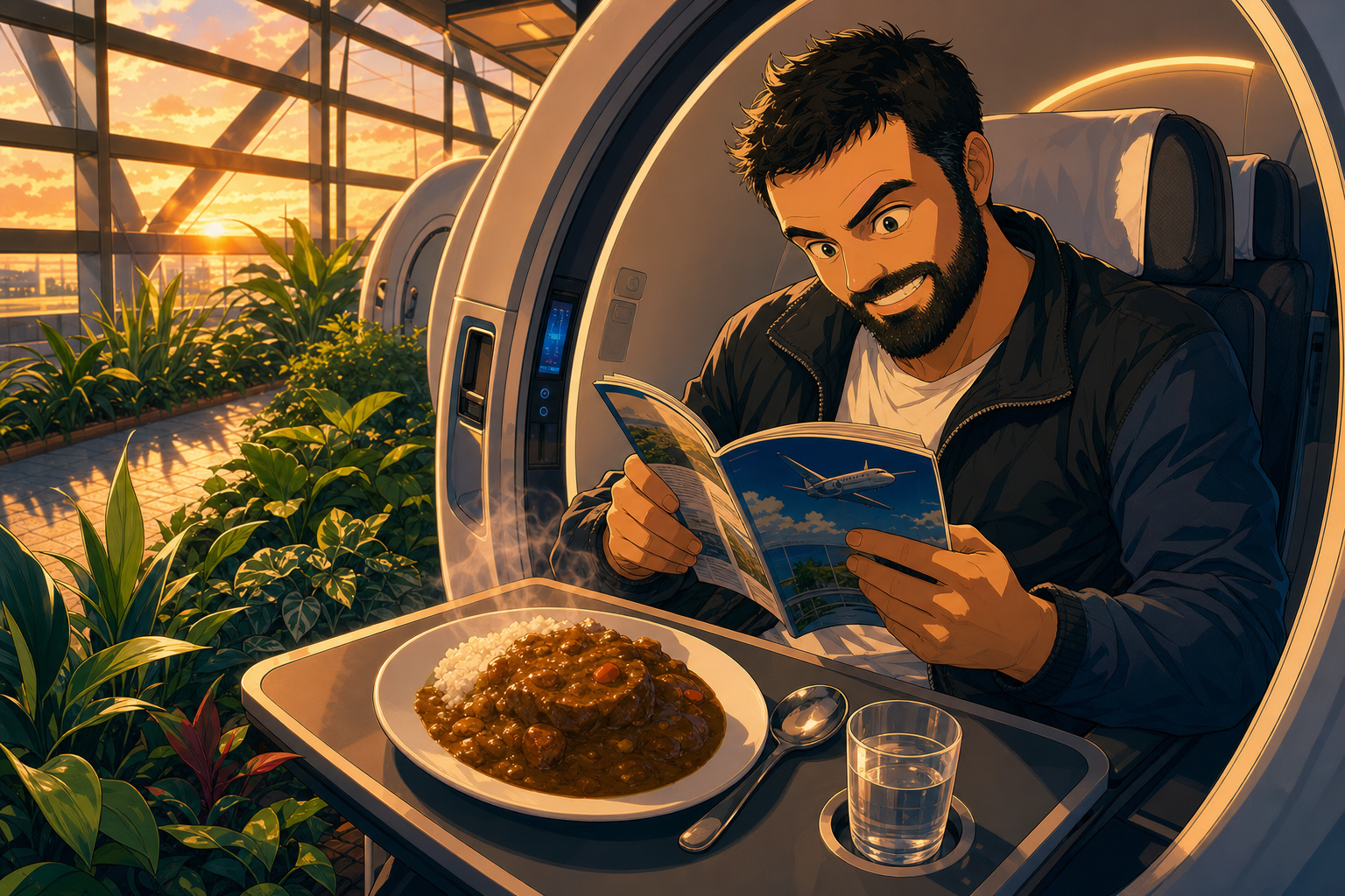 man reads magazine
curry rice glows at sunset
plants judge his choices