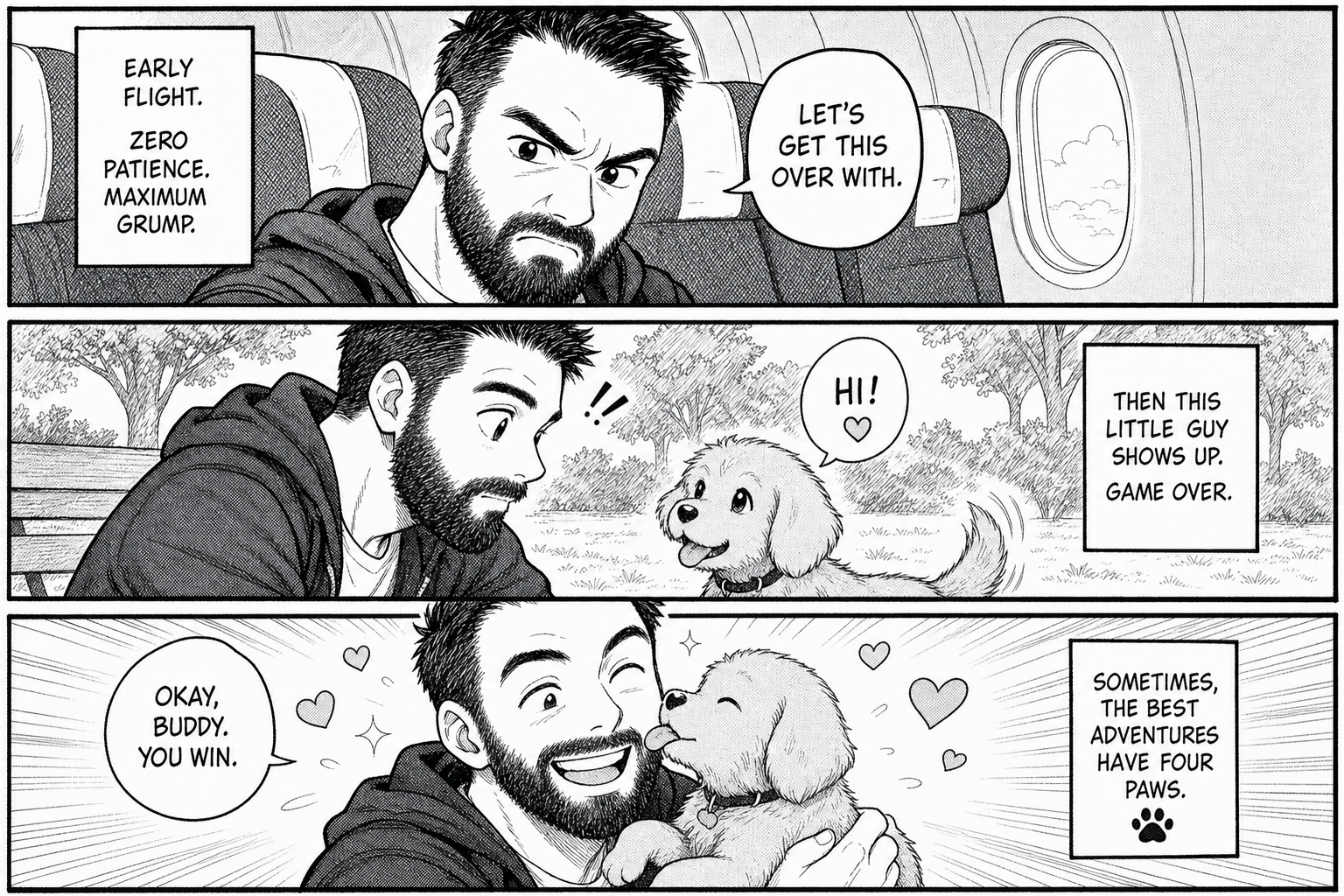 Grump meets soft paws fast
Early morning turned joy's dawn
Best plans change their course