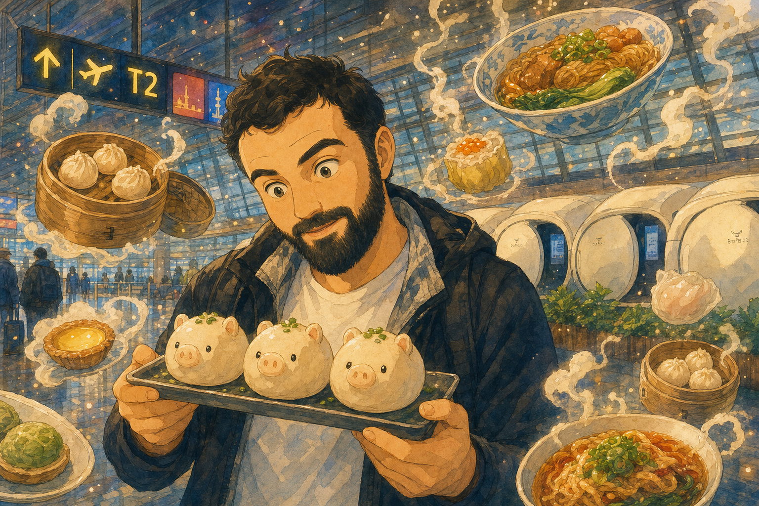 Pork buns take the stage
Wide eyes greet the traveler
Airport dreams fulfilled