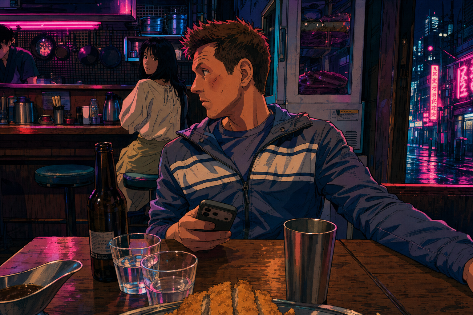 Phone glows in his hand
neon pink reflects nothing
beer sweats on the bar