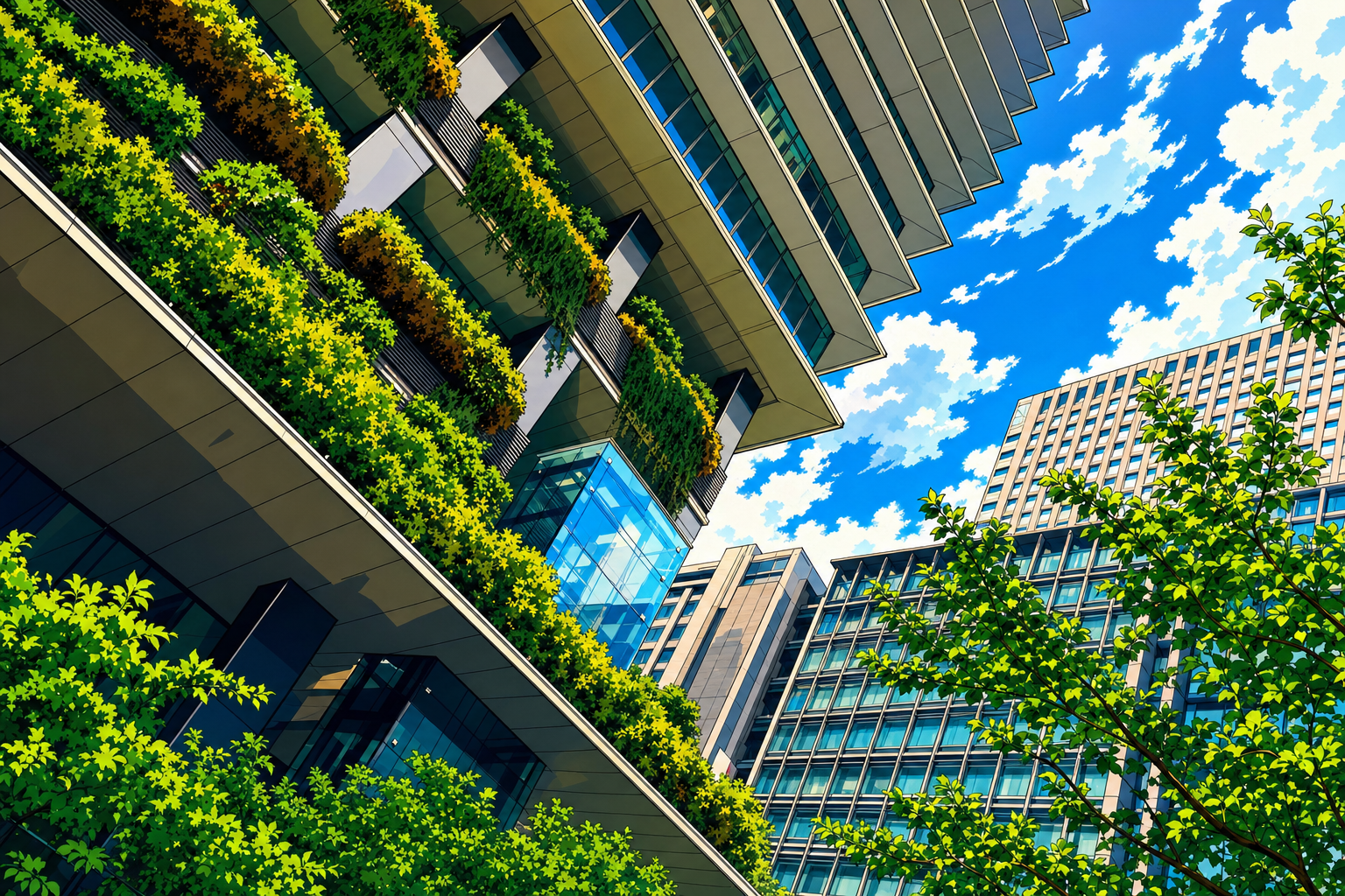 Green vines climb upward
Steel and glass meet living leaves
Sky breaks through concrete