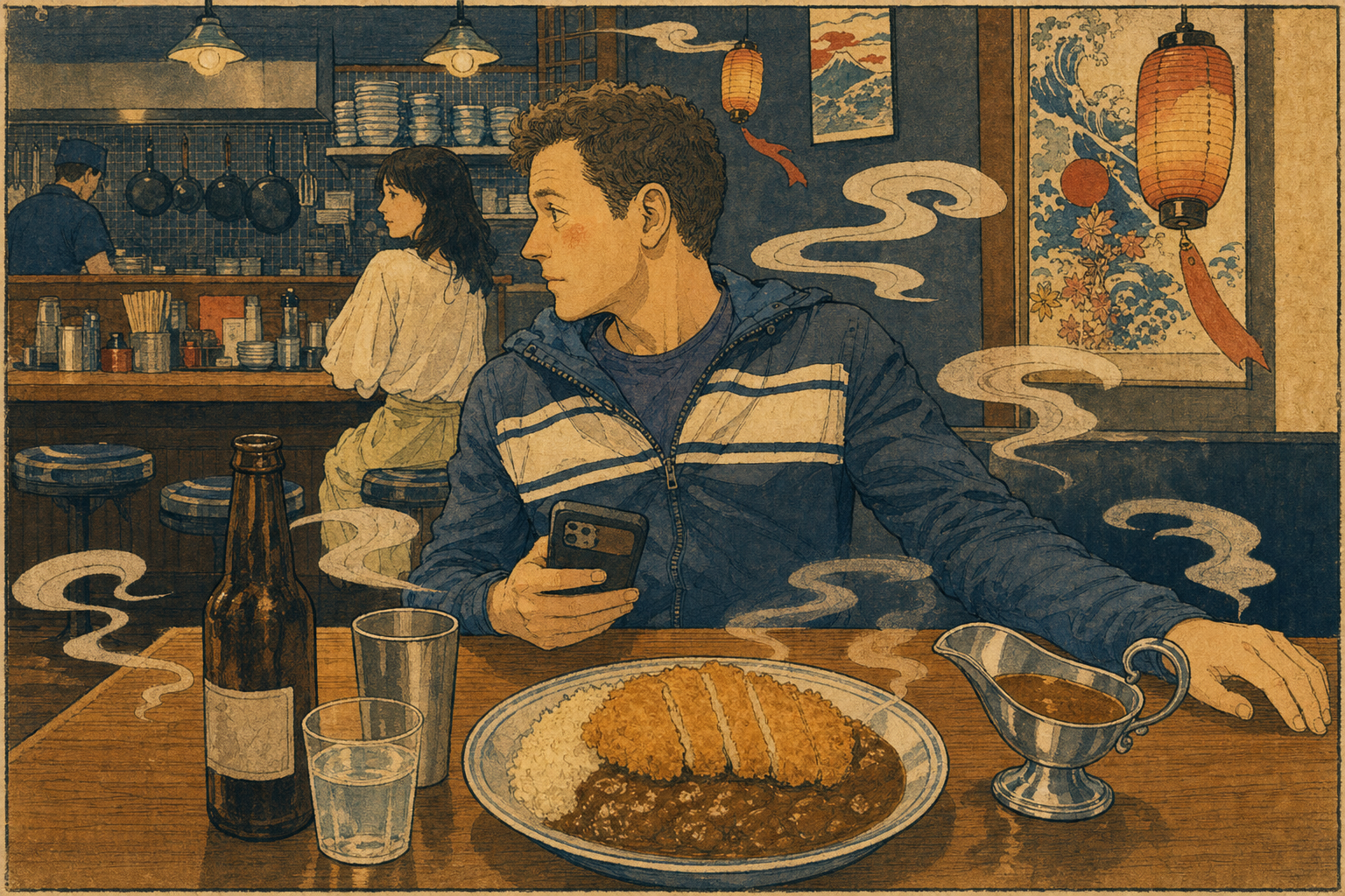 man scrolls his phone here
tonkatsu steam rising up
to haunt the lantern