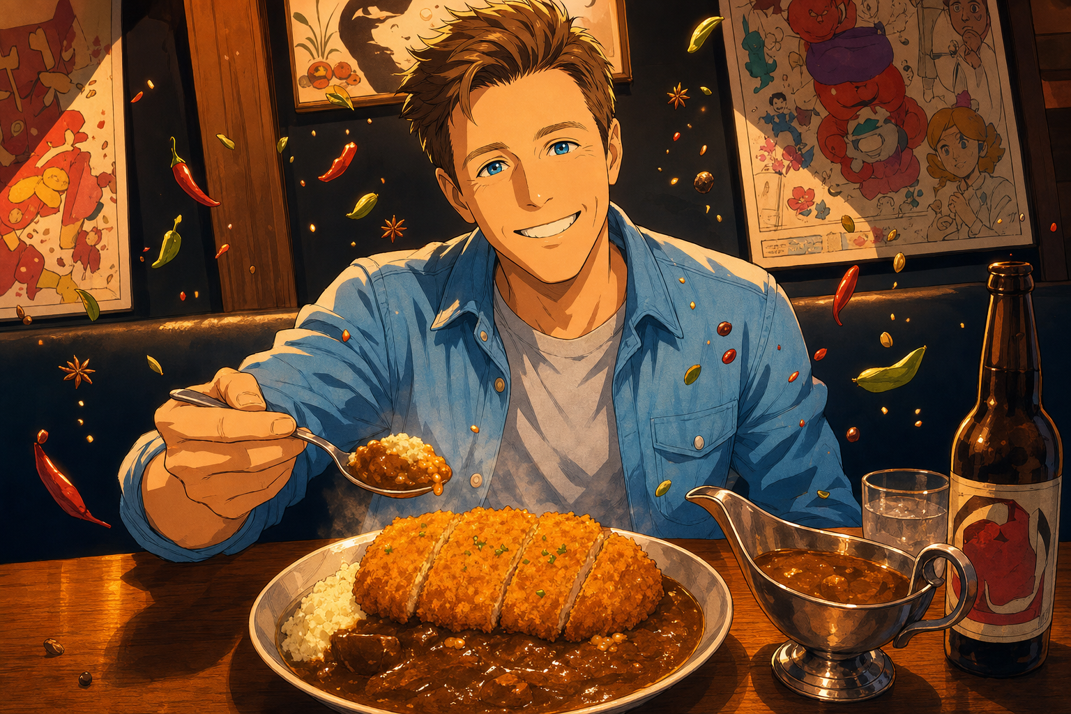 he grins at tonkatsu
peppers float like tiny gods
the beer knows the truth