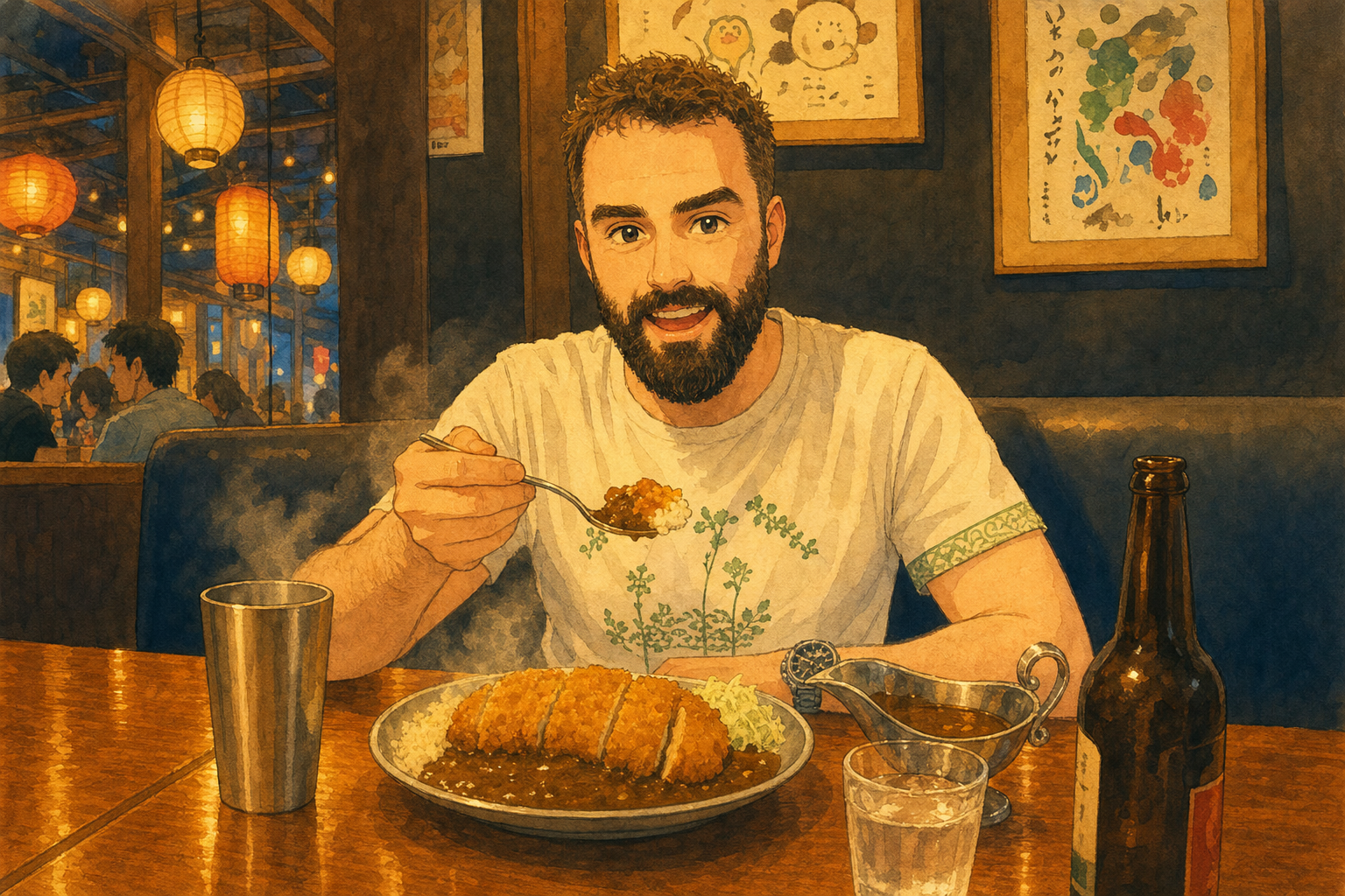 spoon held like a torch
tonkatsu steam rises up
he grins at the void
