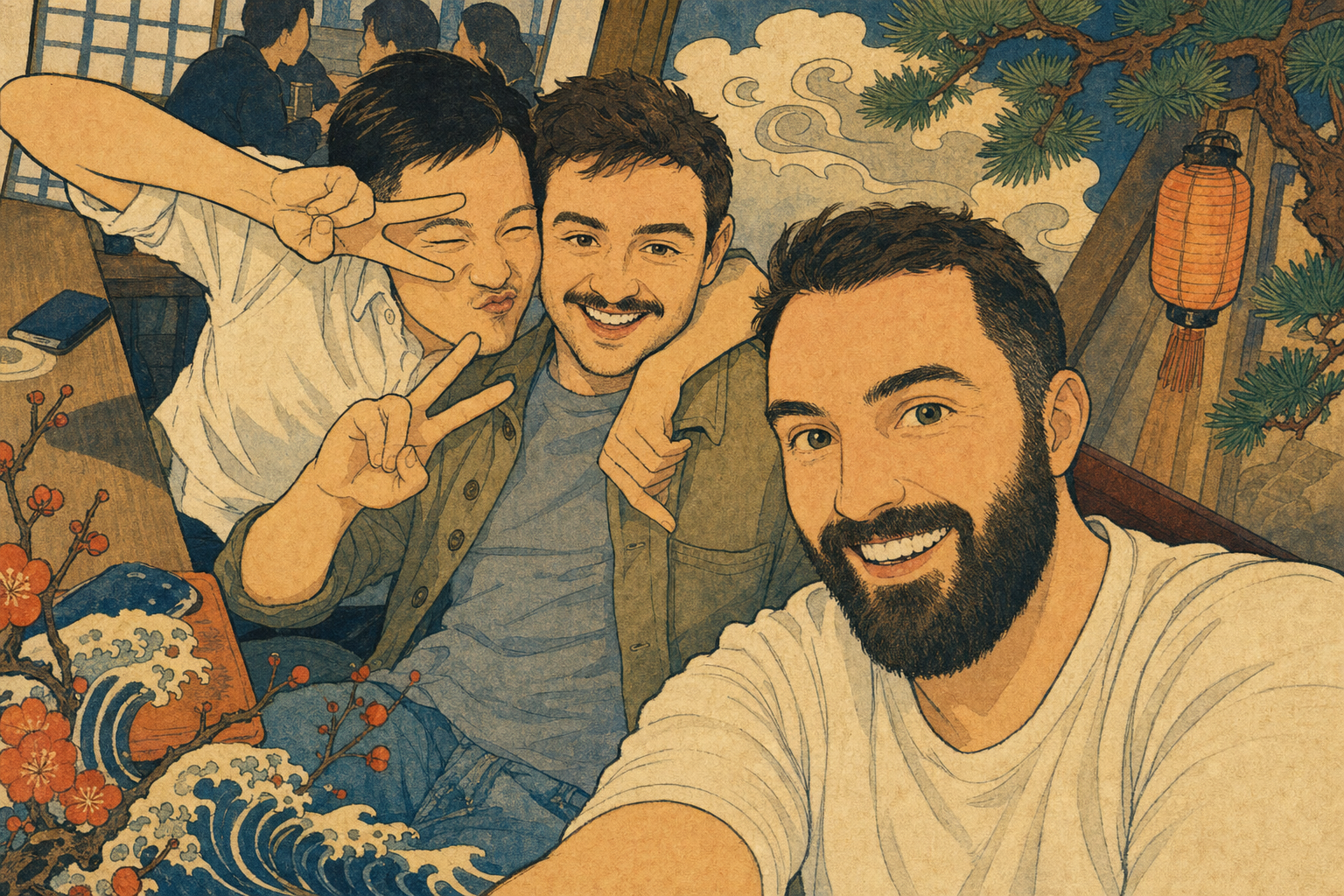 three men grin at us
waves and flowers frame their joy
the beard knows something