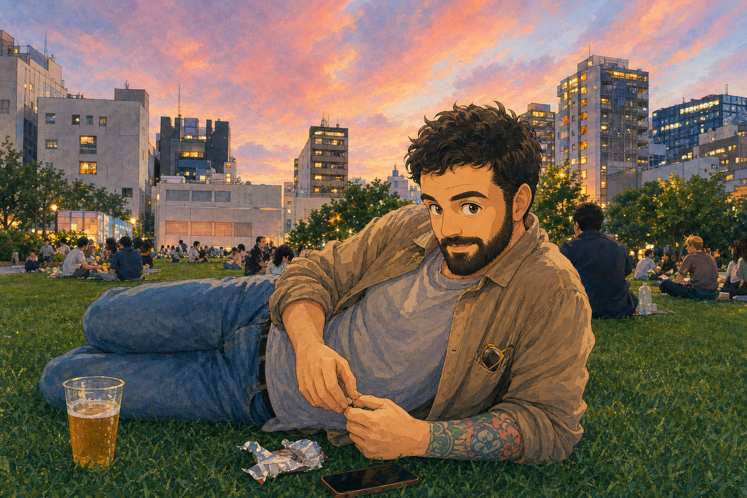 man sprawls on the grass
his phone glows—the sunset burns
buildings hold their breath