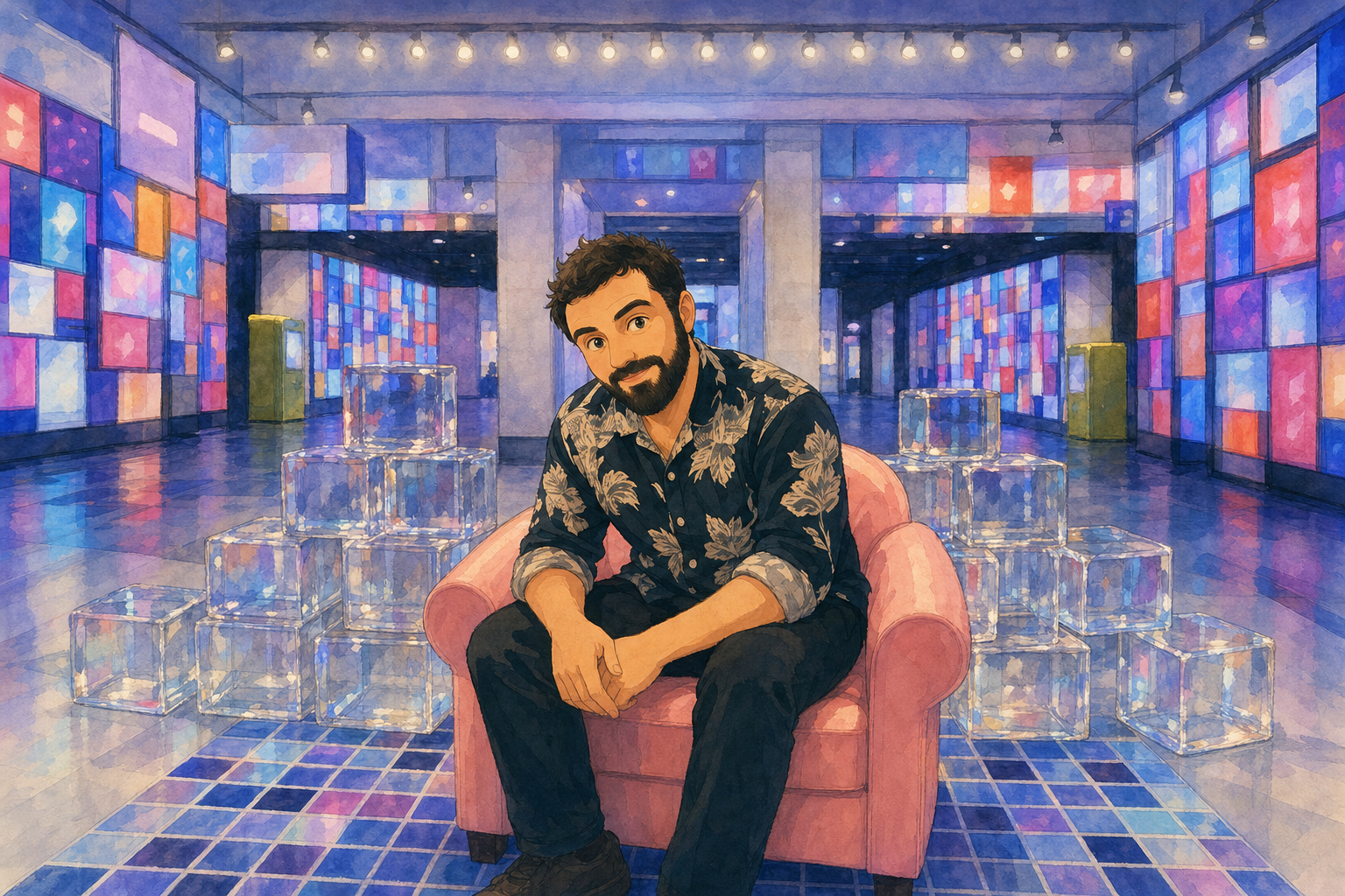 man in pink chair sits
glass cubes hold nothing but light—
he knows what they cost