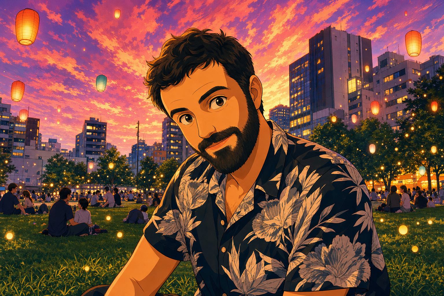 man in loud shirt grins
fireflies applaud his face
the city ignores