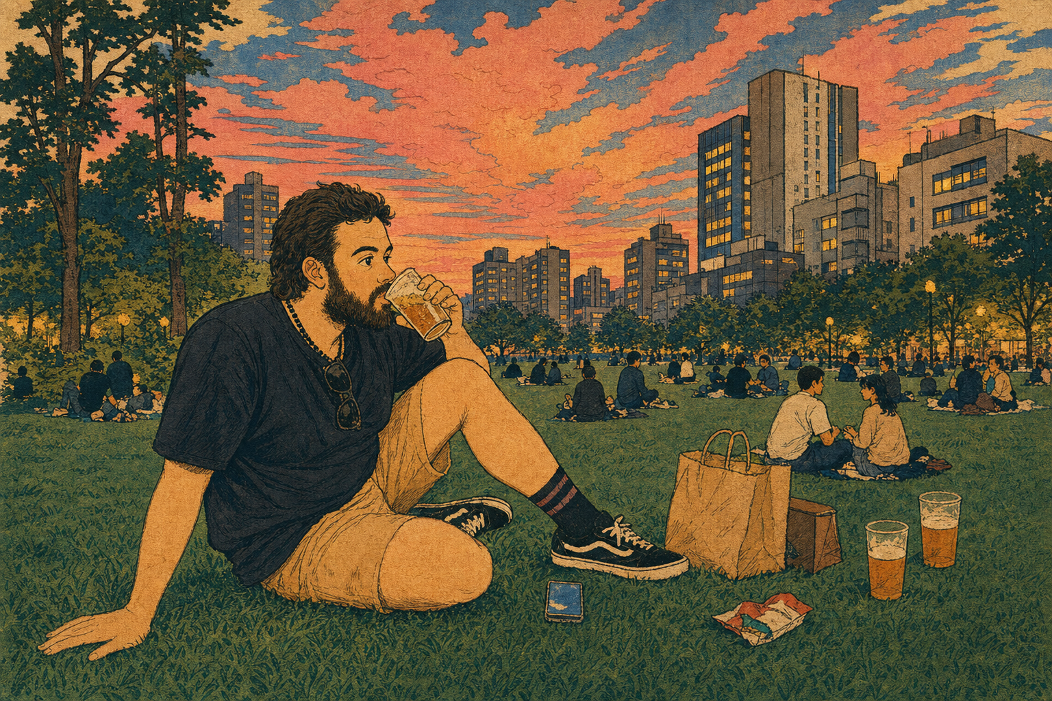 he drinks from the cup
the sunset pays no rent here
grass remembers him