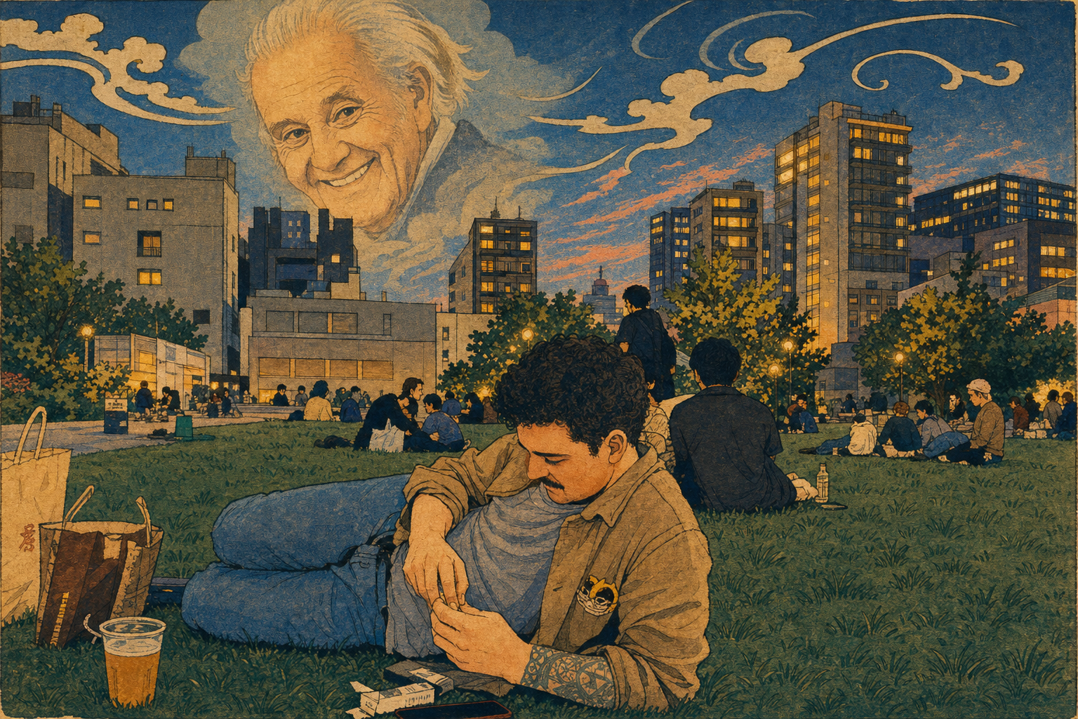 man drinks in the park
the old face in clouds above
doesn't blink once down