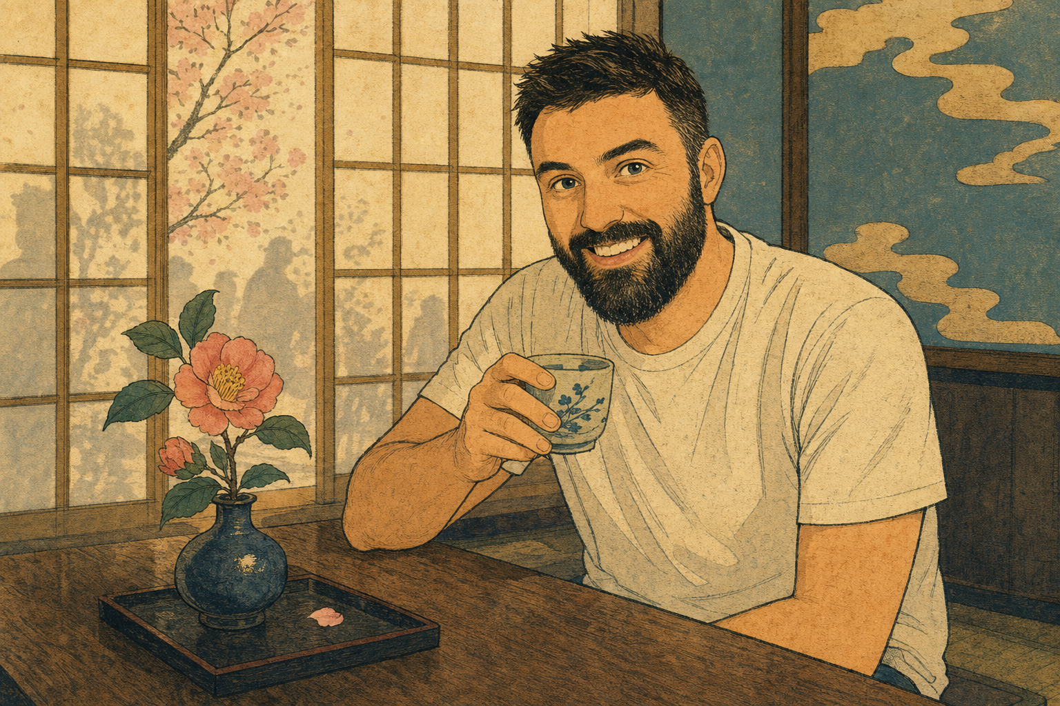 man holds painted cup
the peony blooms for him
he grins at the void