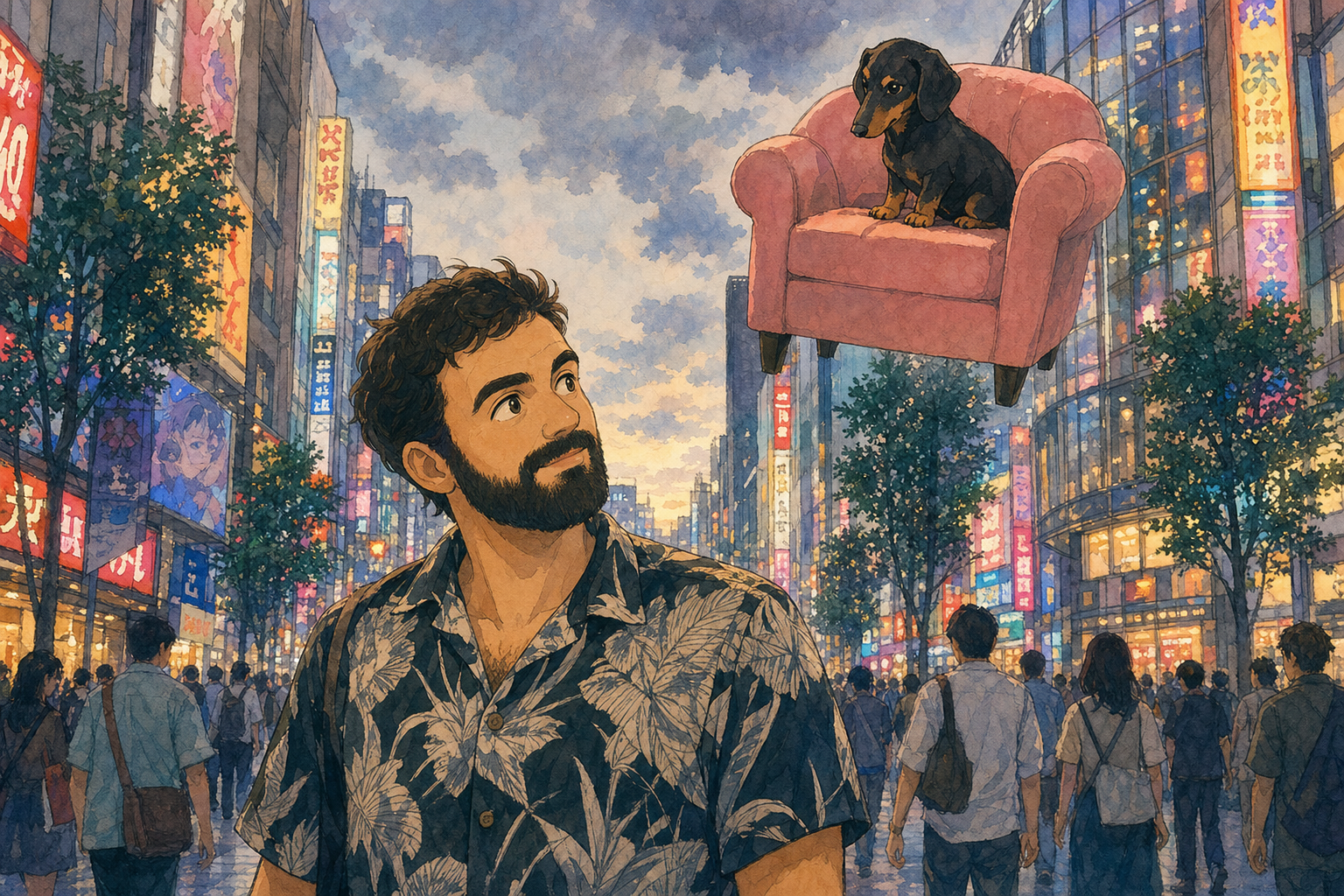 man in floral shirt
floating chair with dog above—
Tokyo doesn't ask