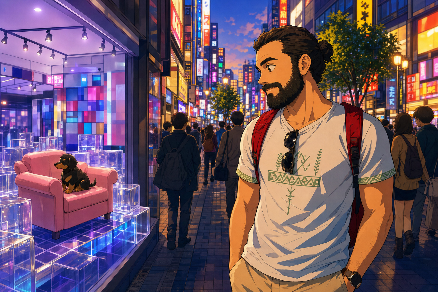 man in leaf shirt walks
pink chair holds a small dog's dreams
neon counts the hours