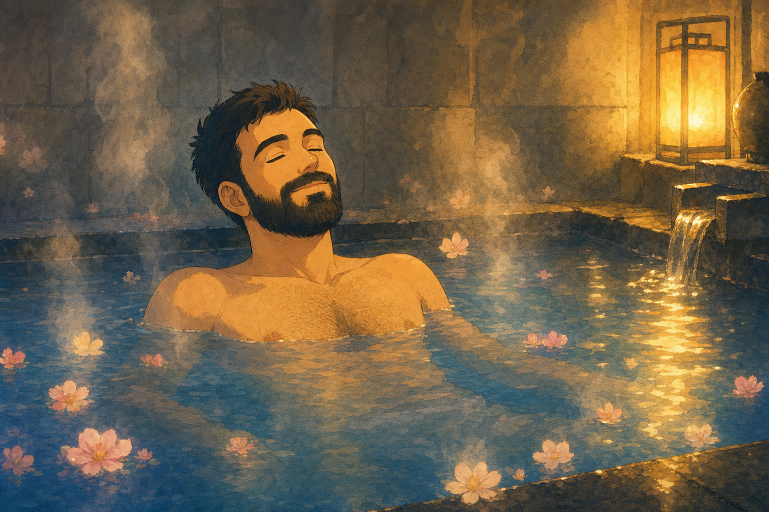 man in hot spring—
petals float past his closed eyes
the water keeps score