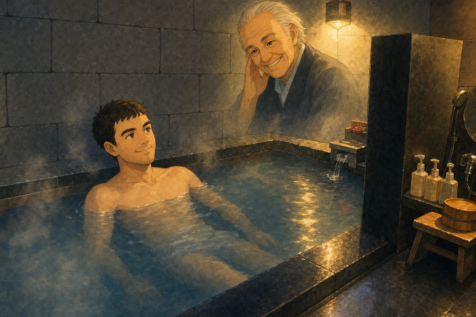 boy in hot spring bath
old woman grins at the door—
he forgets to leave
