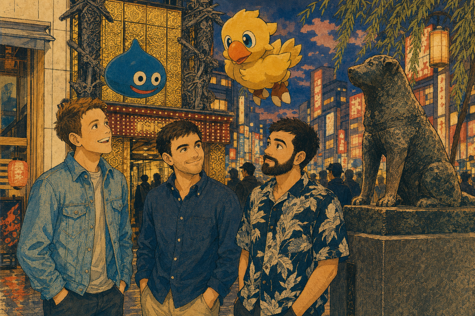 three men look upward
a duck and raindrop float past
the stone bear watches