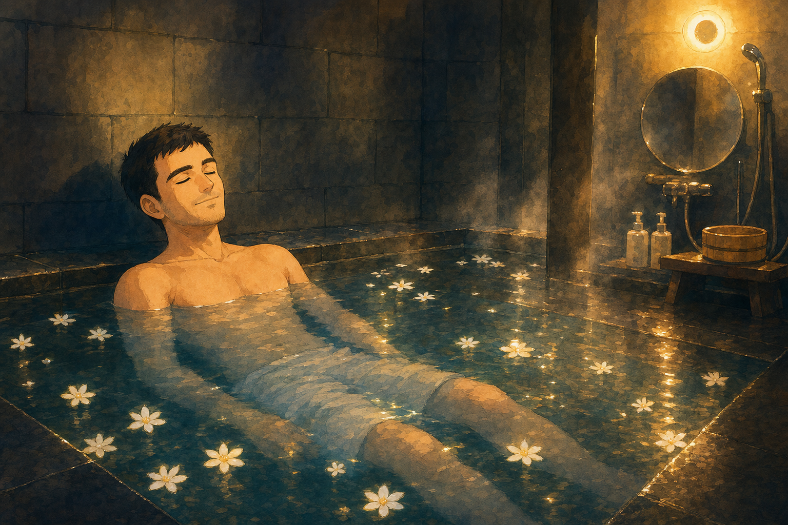 man soaks in hot spring
flowers float past his closed eyes
the mirror keeps score