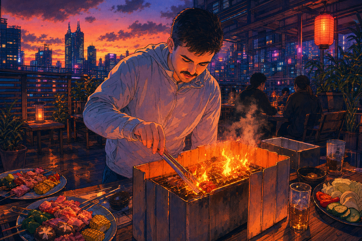 man tends the fire—
skyscrapers watch him grill meat
orange eats orange