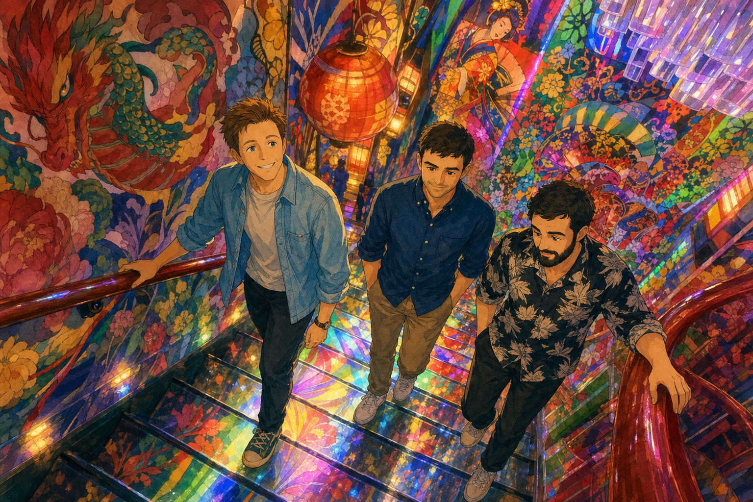 three men on lit glass
dragons bloom beneath their feet
the stairs eat color