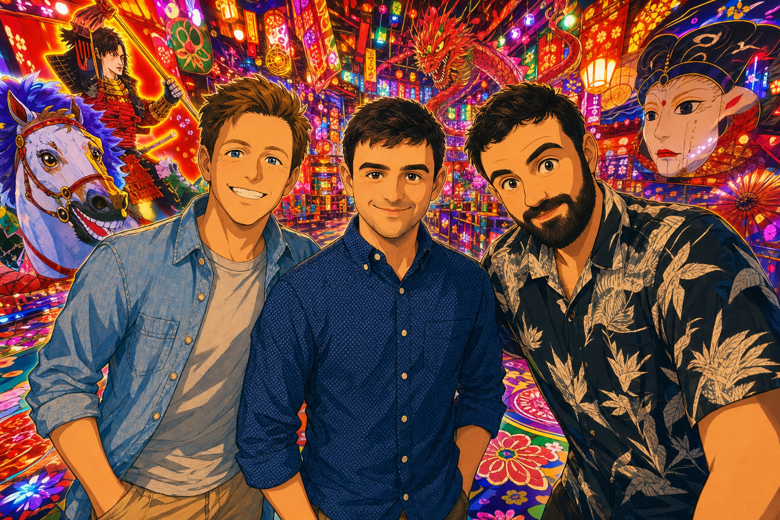 three men smile forward
neon dragons burn above
they cannot see back
