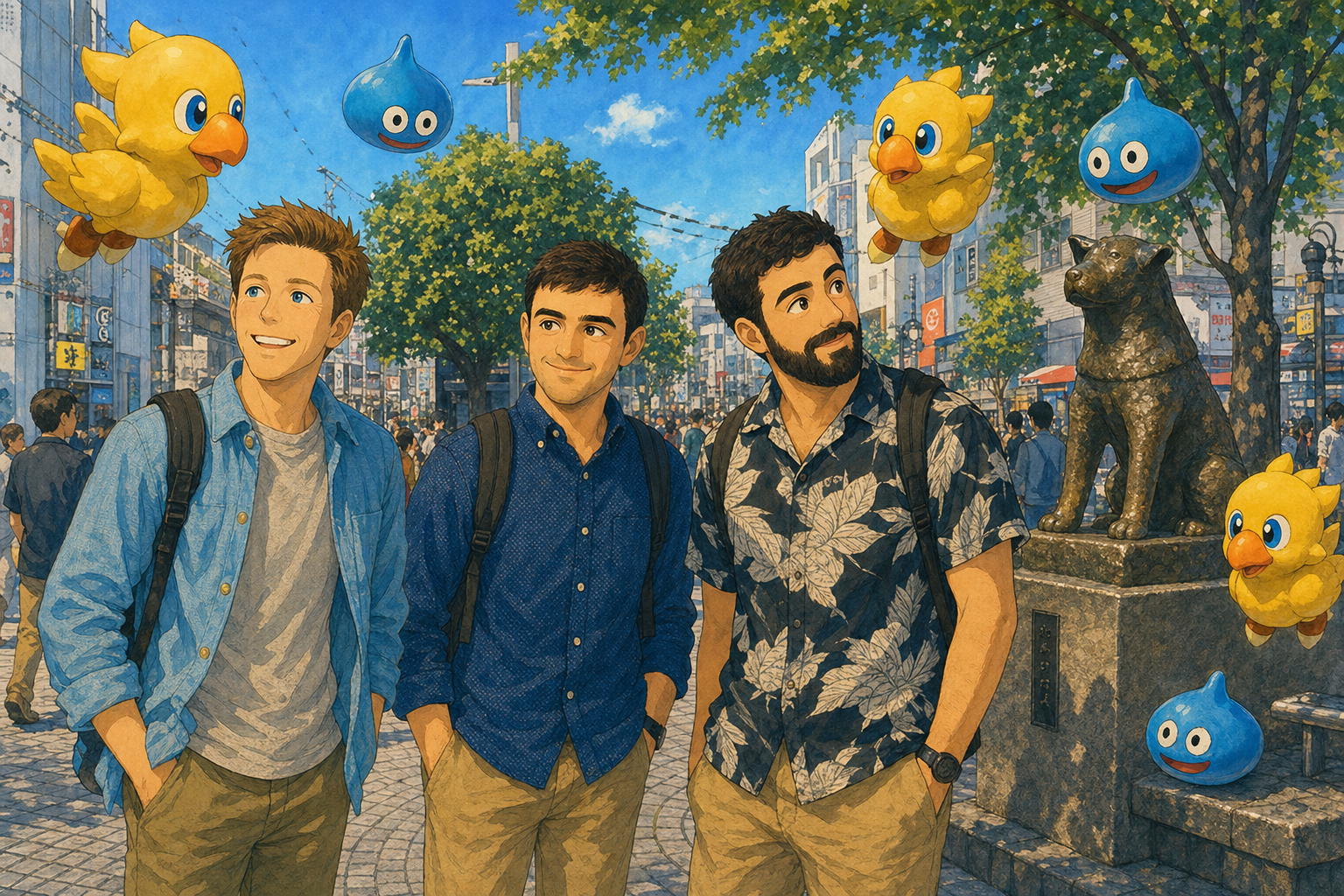 three men walk forward
yellow birds float overhead
the statue watches