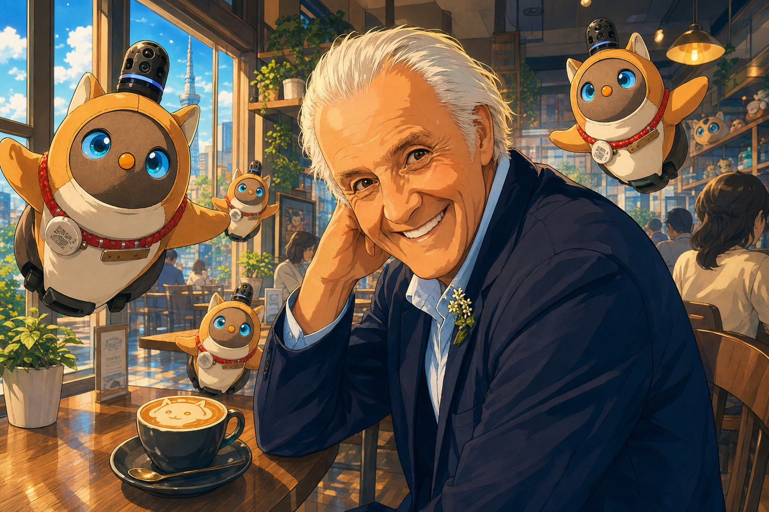 old man grins at luck
cats with raised paws multiply
coffee gets cold here