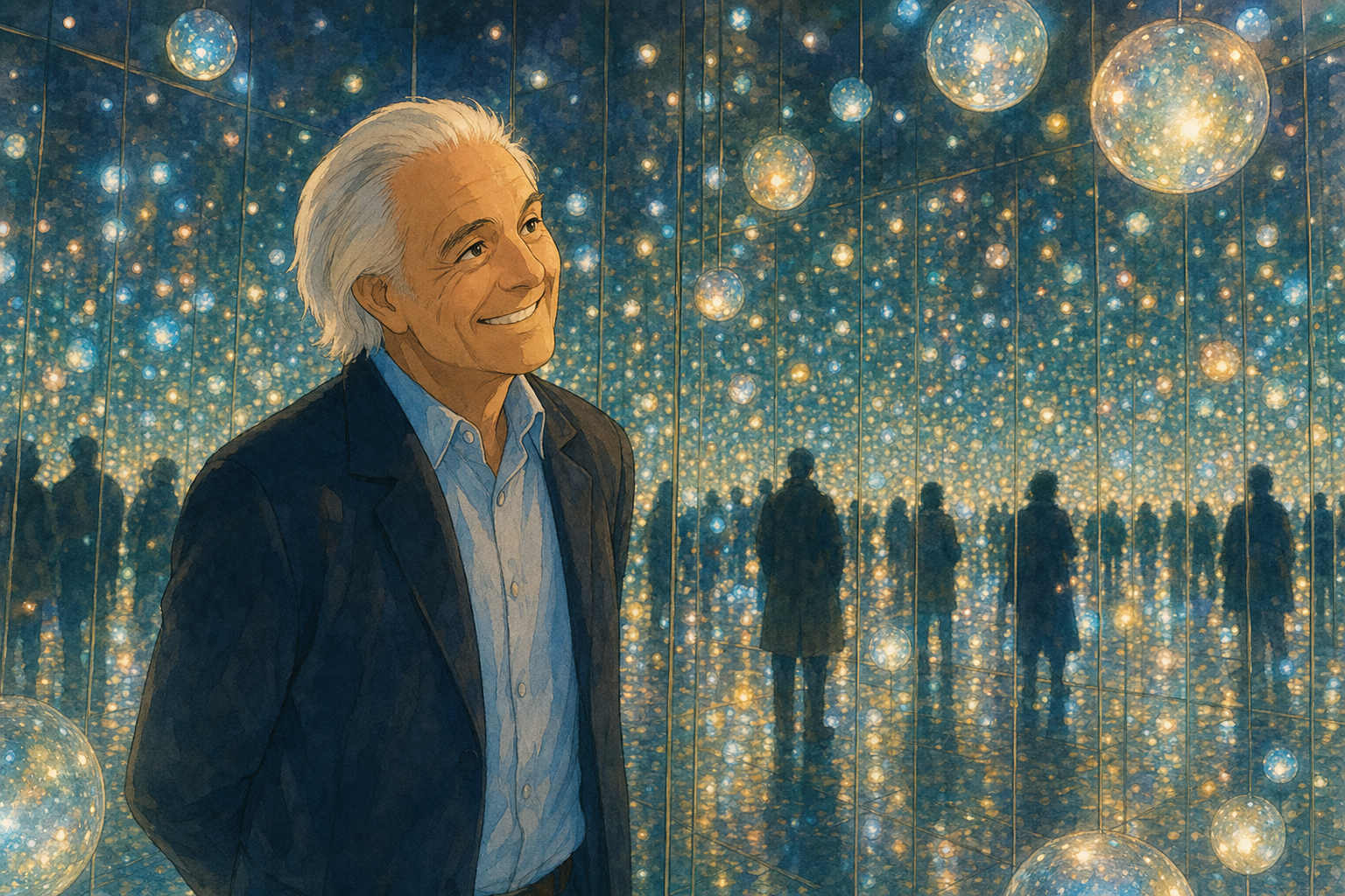 an old man smiling
thousand bulbs behind his head
the crowd stays very still