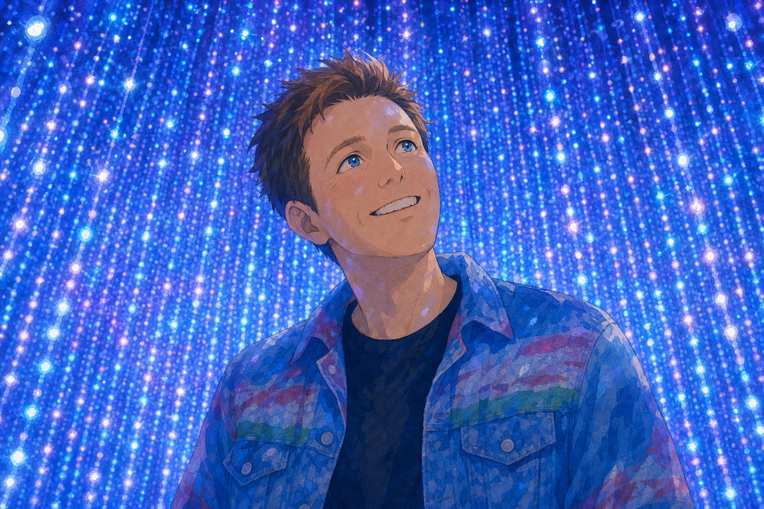 blue lights falling down
he grins at nothing at all
the void grins back twice