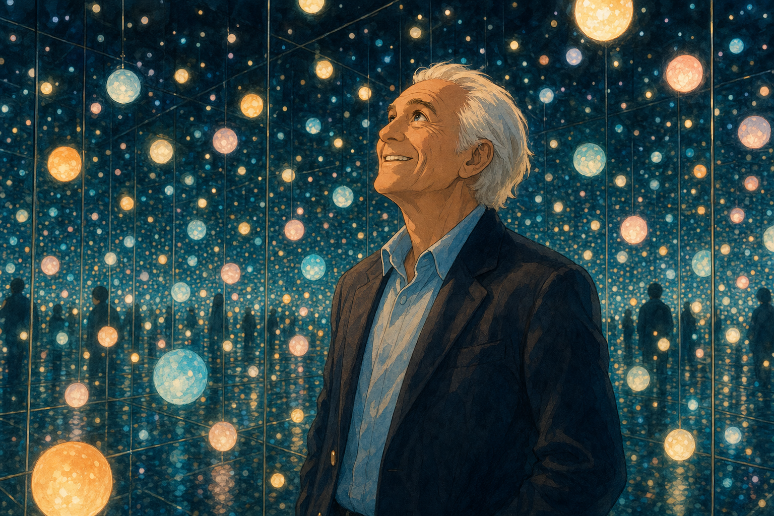 an old man looks up
at plastic moons on strings—
his smile costs nothing