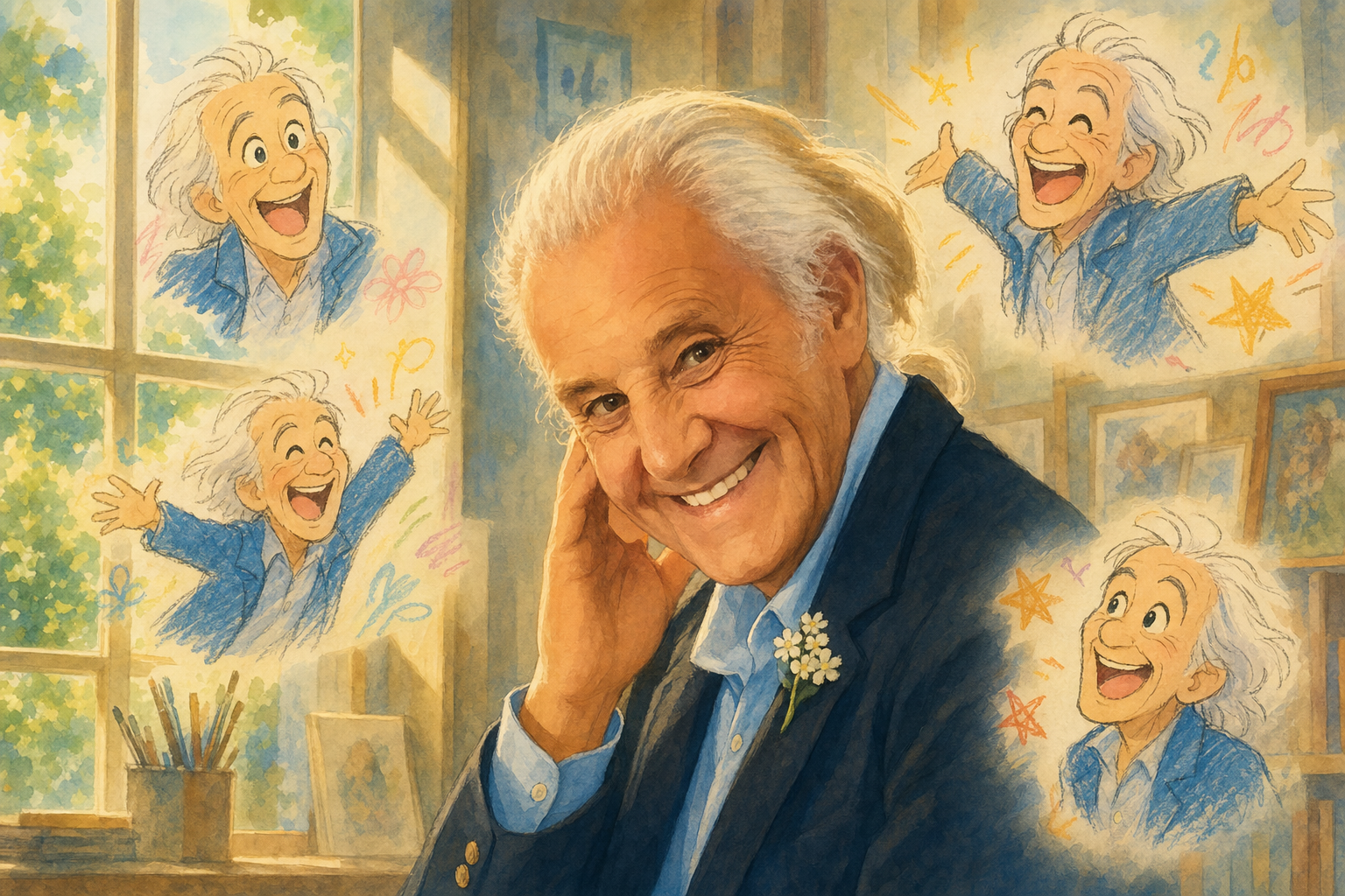 an old man draws joy
his pencil hand holds all worlds
the wall smiles back, five