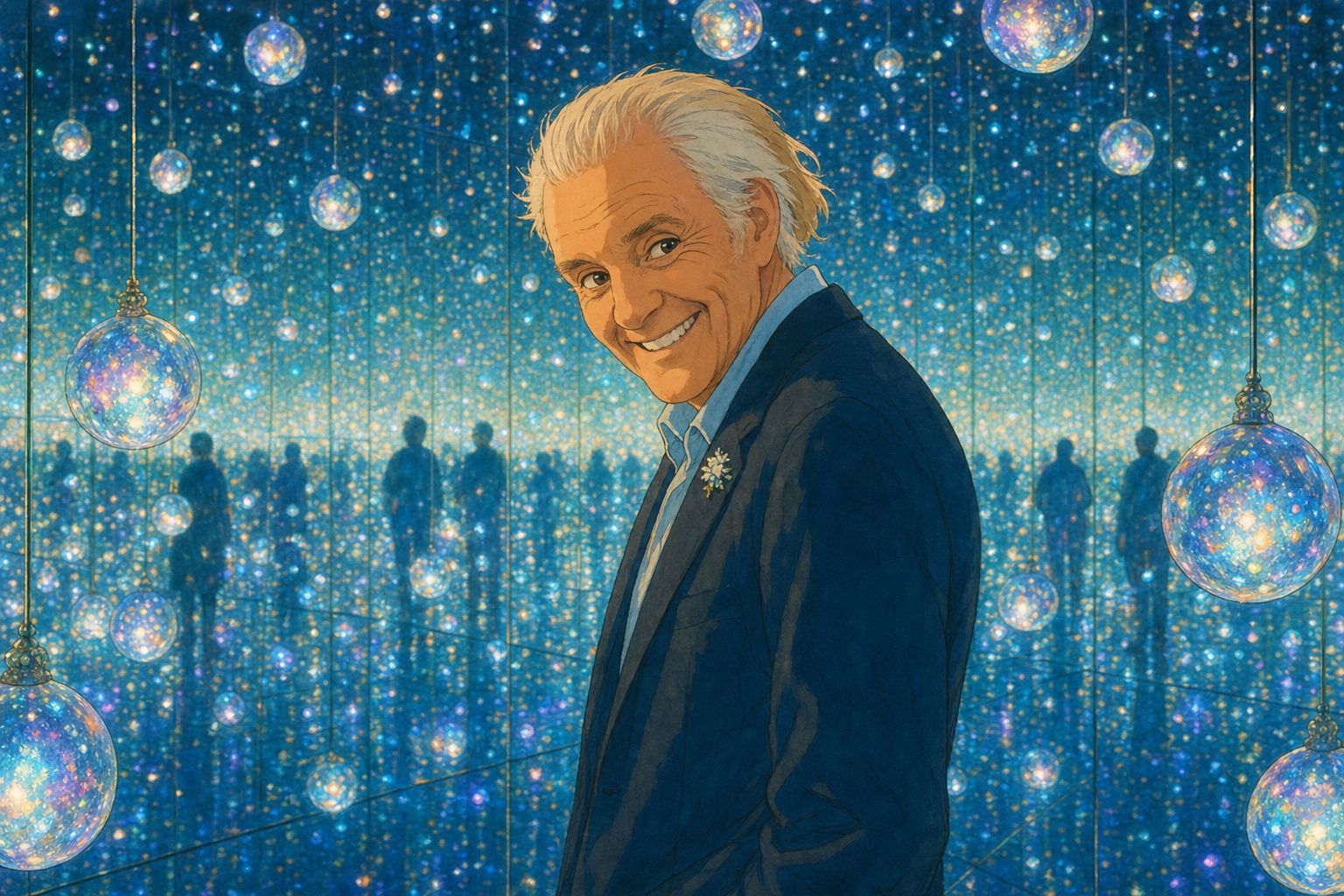 silver-haired man grins
disco balls hang from nothing
the crowd stays very still