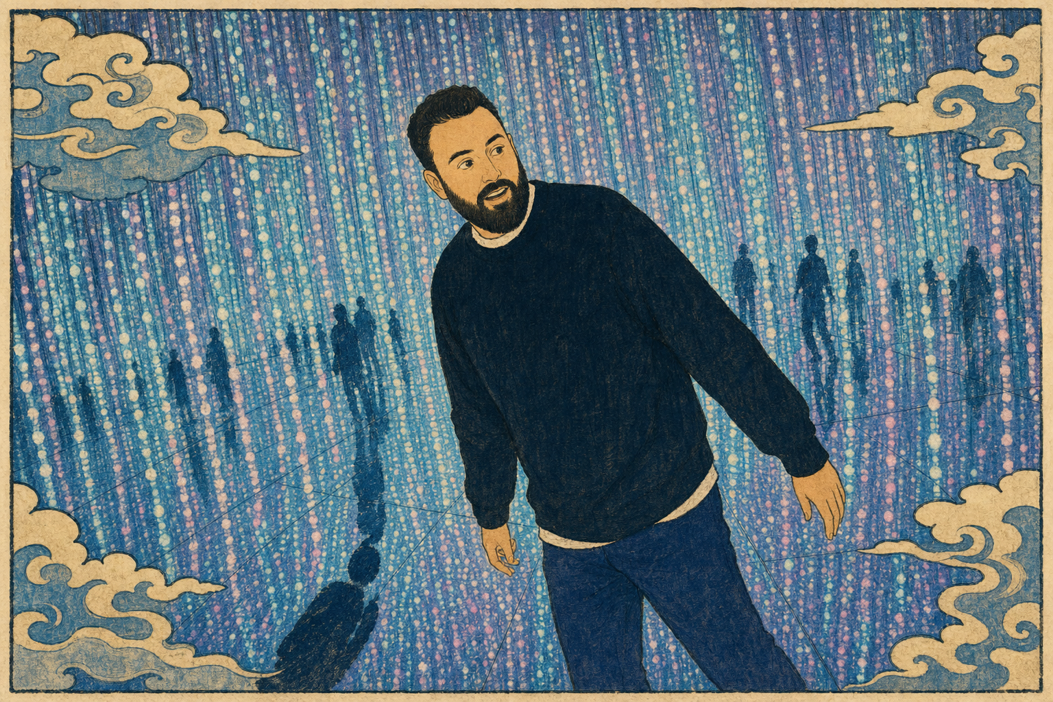 Man in black sweatshirt
rain falls upward through his beard
the crowd walks elsewhere