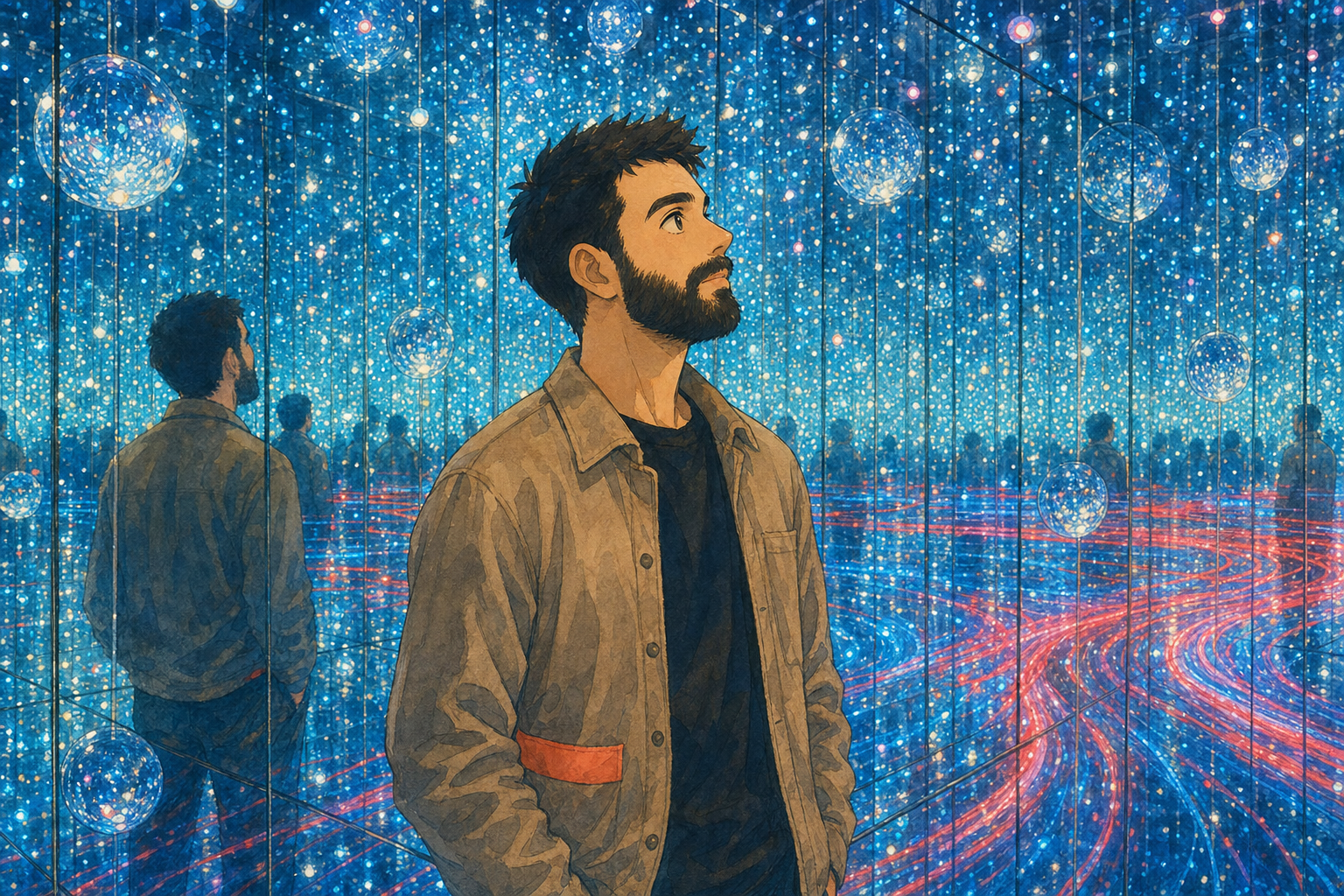 man looks at the stars
his jacket holds one red thread
the void learns his name
