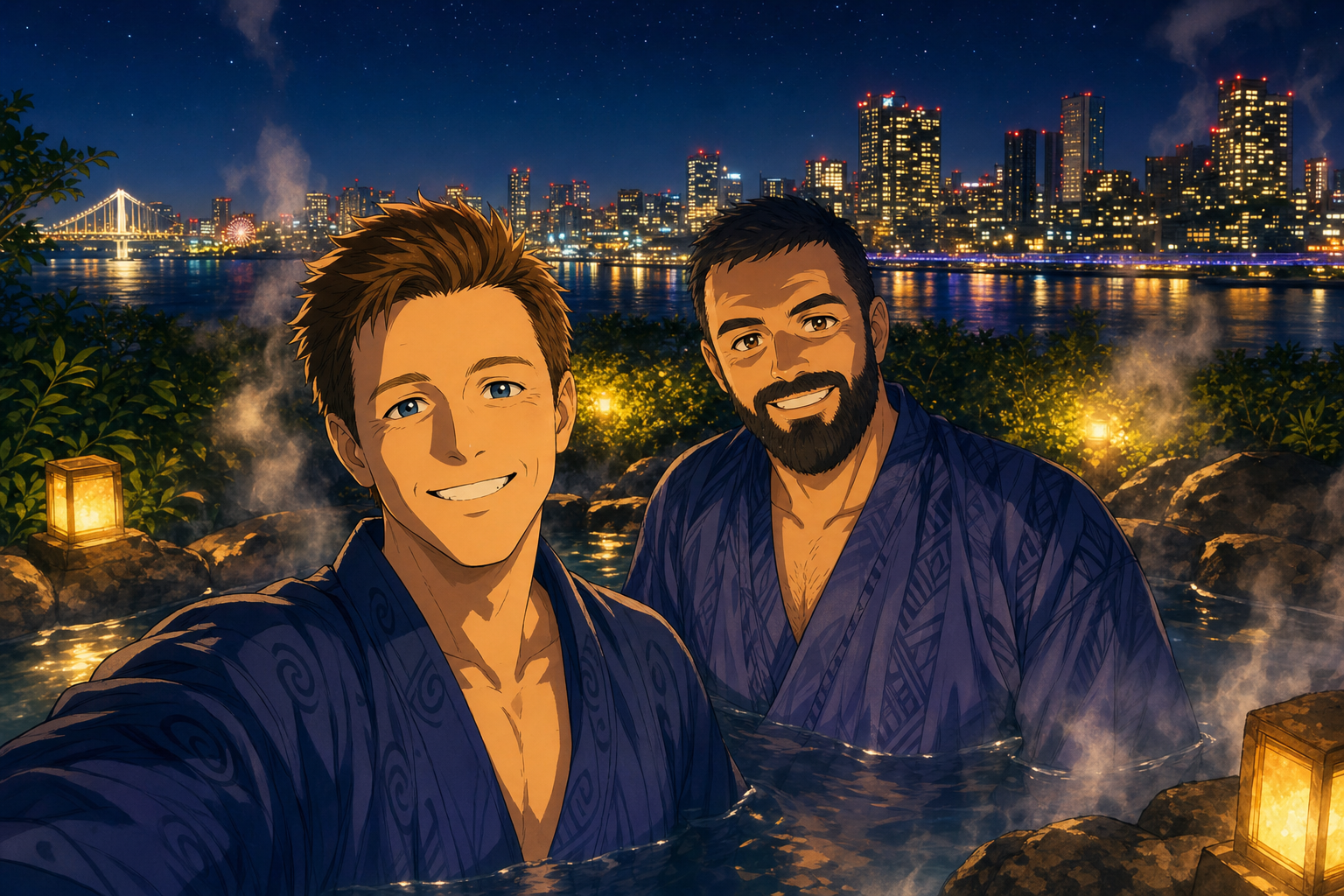 two men in the bath
grinning at the skyline—
the city grins back
