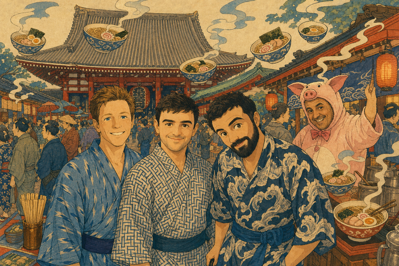 Three men in kimono
ramen bowls float in the sky
the pig man approves