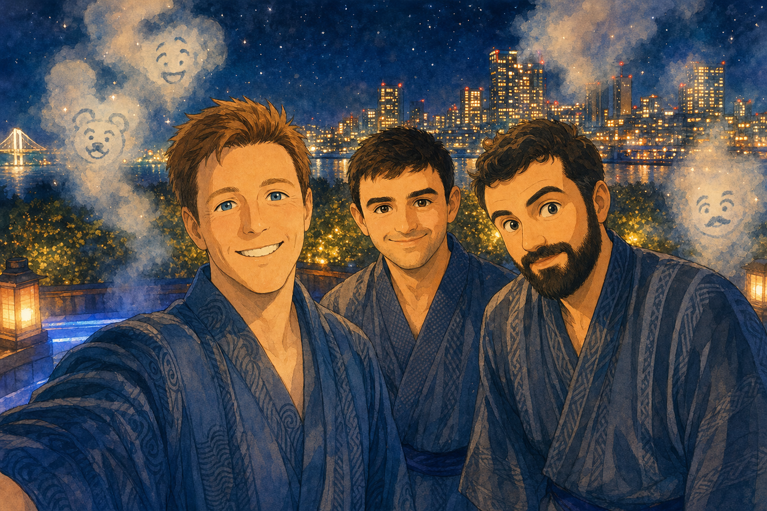 three men in robes smile
cloud faces drift past the bridge
nobody asked them
