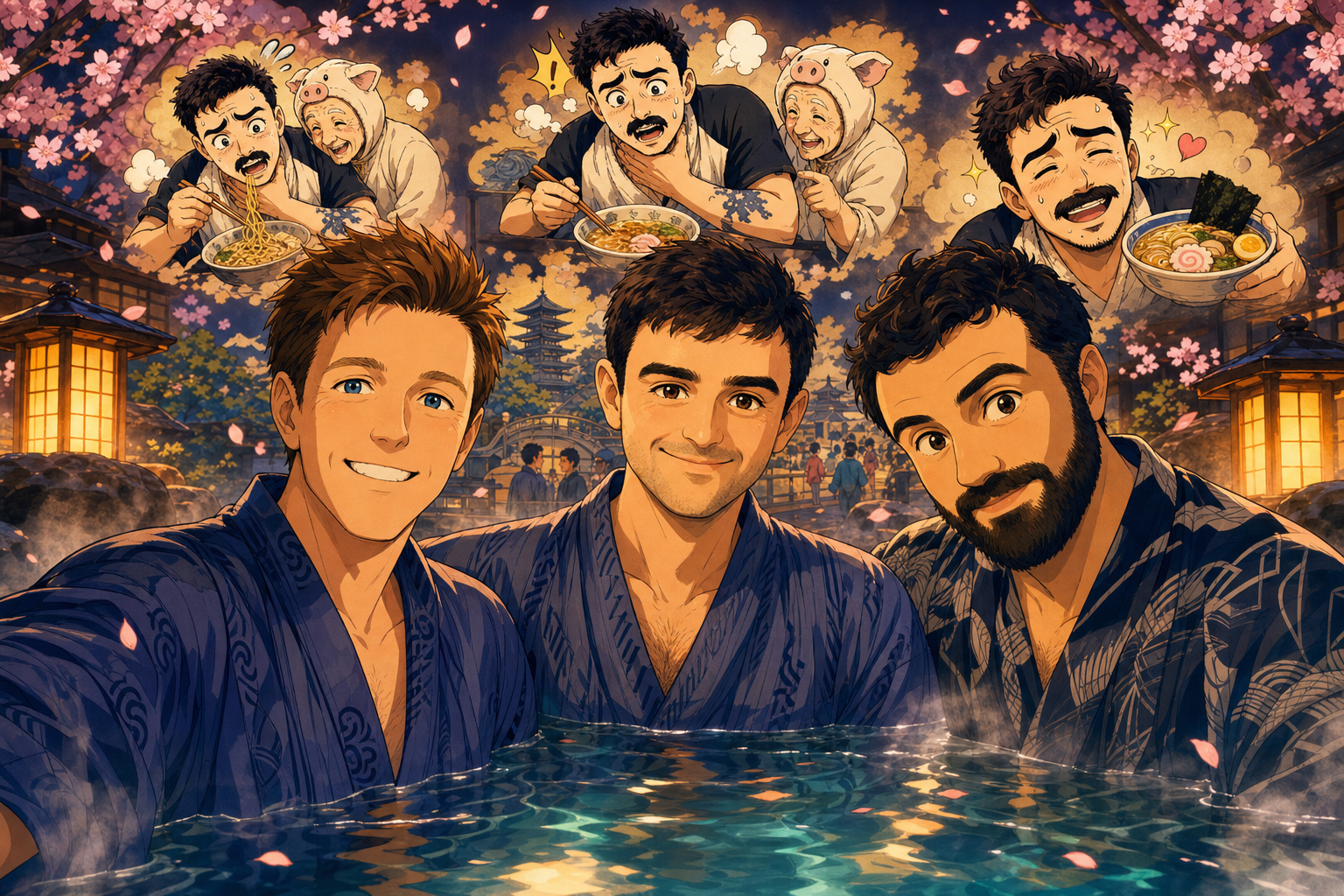 three men in the bath
cherry blossoms fall on steam
the noodles wait still