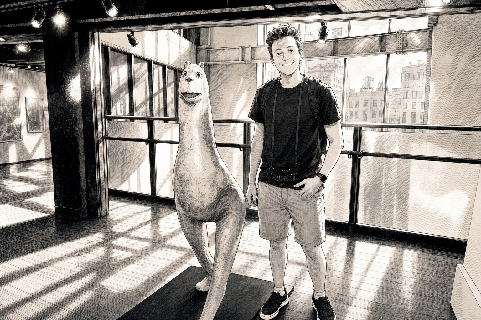man poses with beast
the llama's grin never fades
his smile will not last