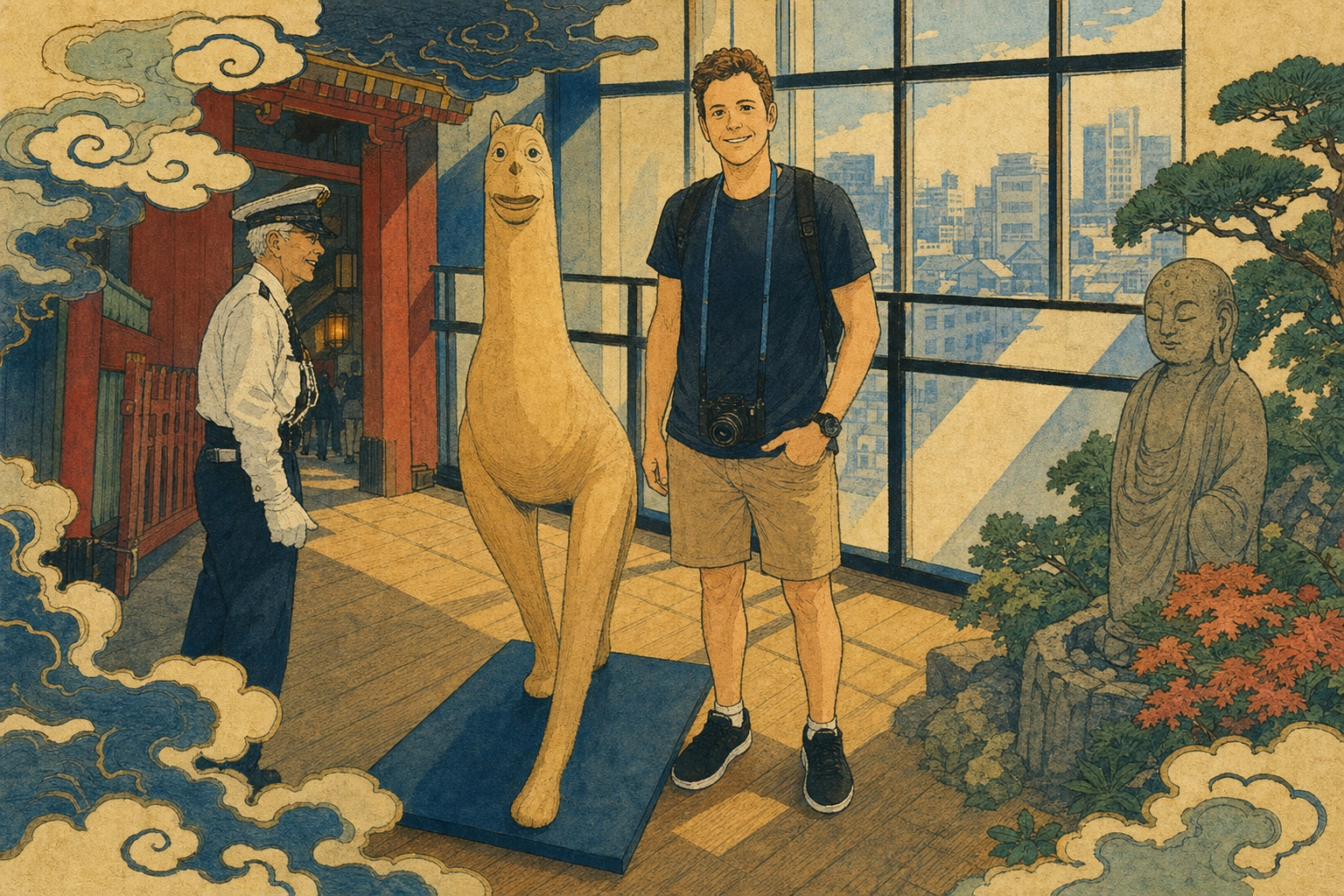 a man and llama
stand in the high tower — both
grin at the nothing