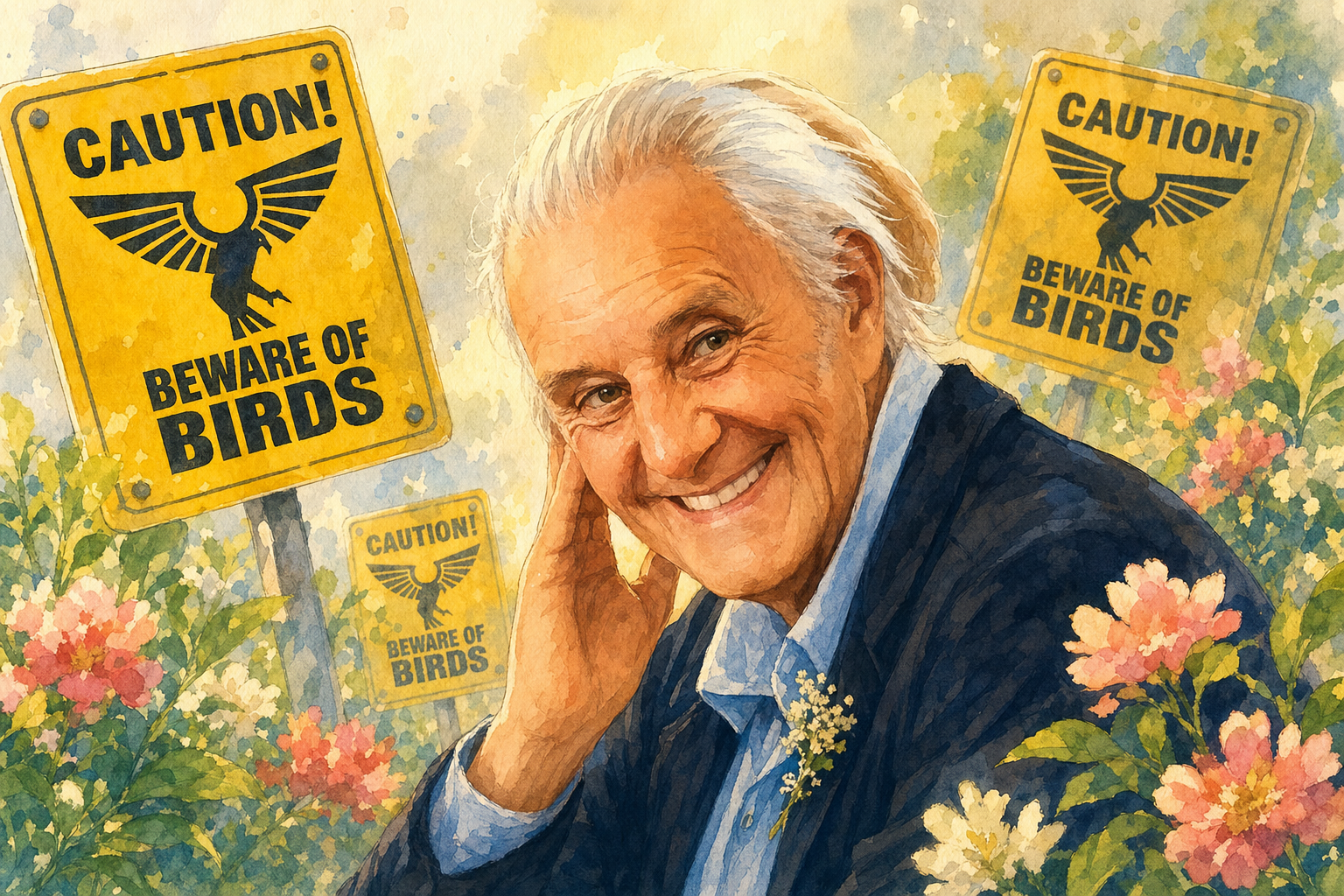 old man grins at signs
warning him of birds that came
long after he did