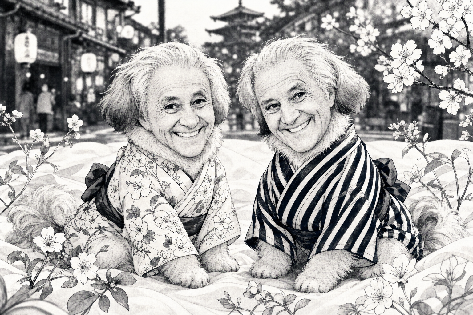Two tanuki smile
in kimono, paws on stone—
the temple waits, bored