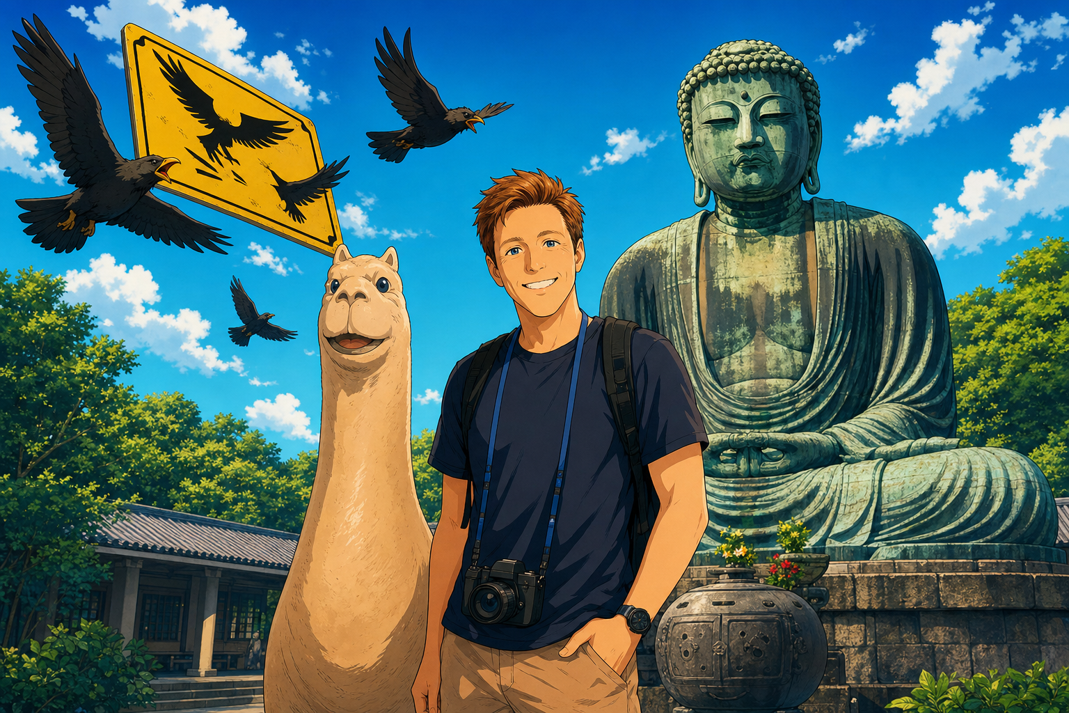 tourist with his grin
the Buddha counts the blackbirds
yellow warning sign