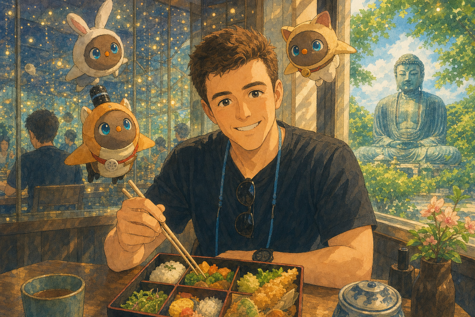 he holds chopsticks high
three owl mascots judge his rice
the Buddha waits, bored