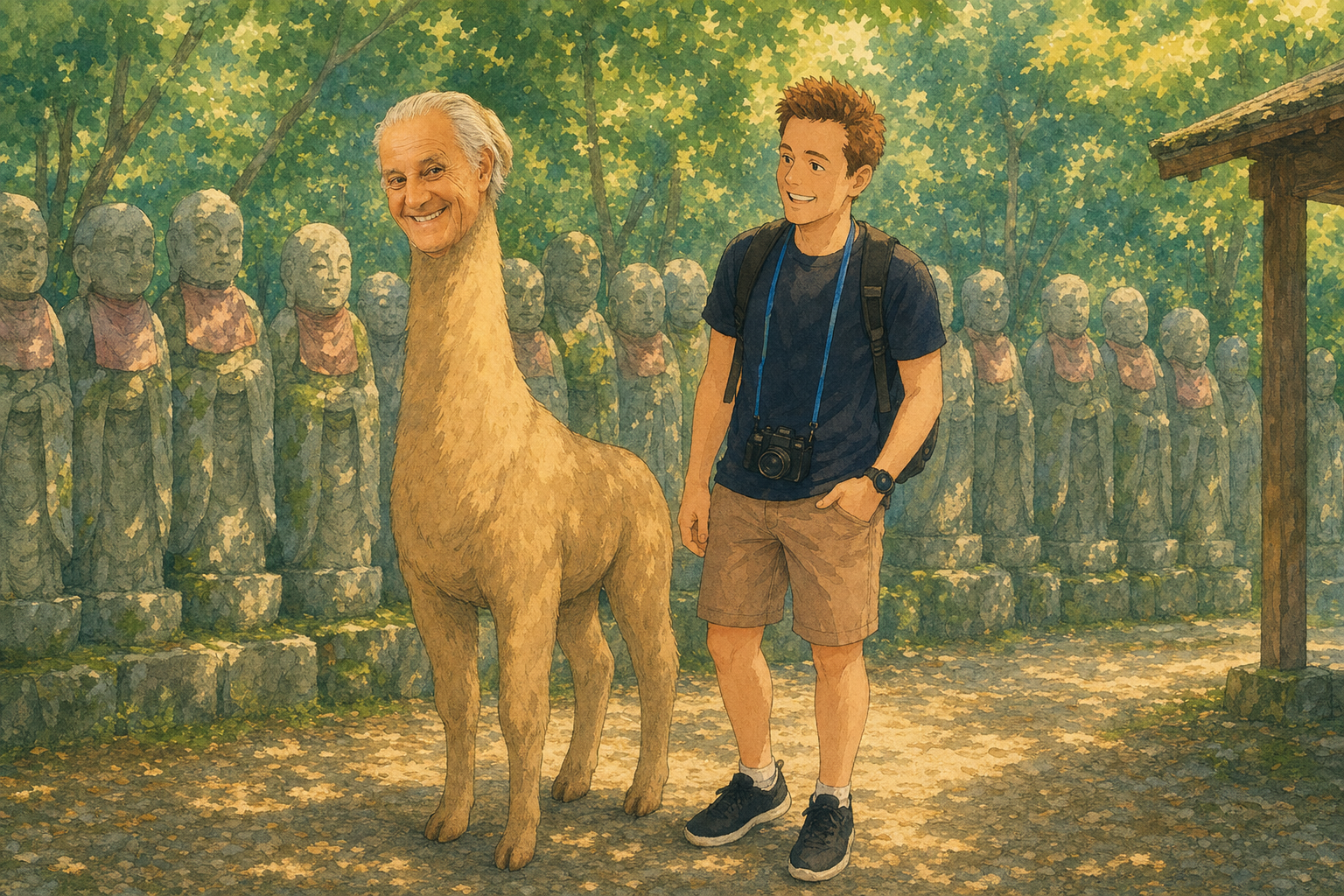 llama grins at him
stone faces in the background
wait for the photo