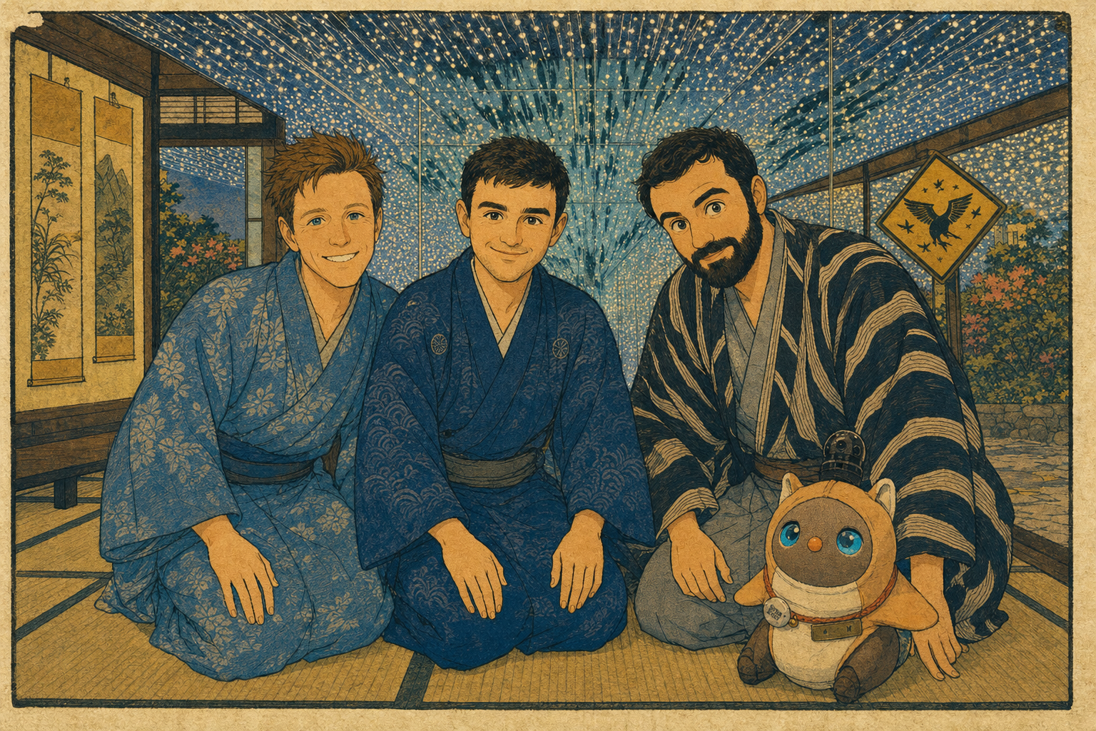 three men in blue silk
kneel beside a golden cat
stars pierce the ceiling