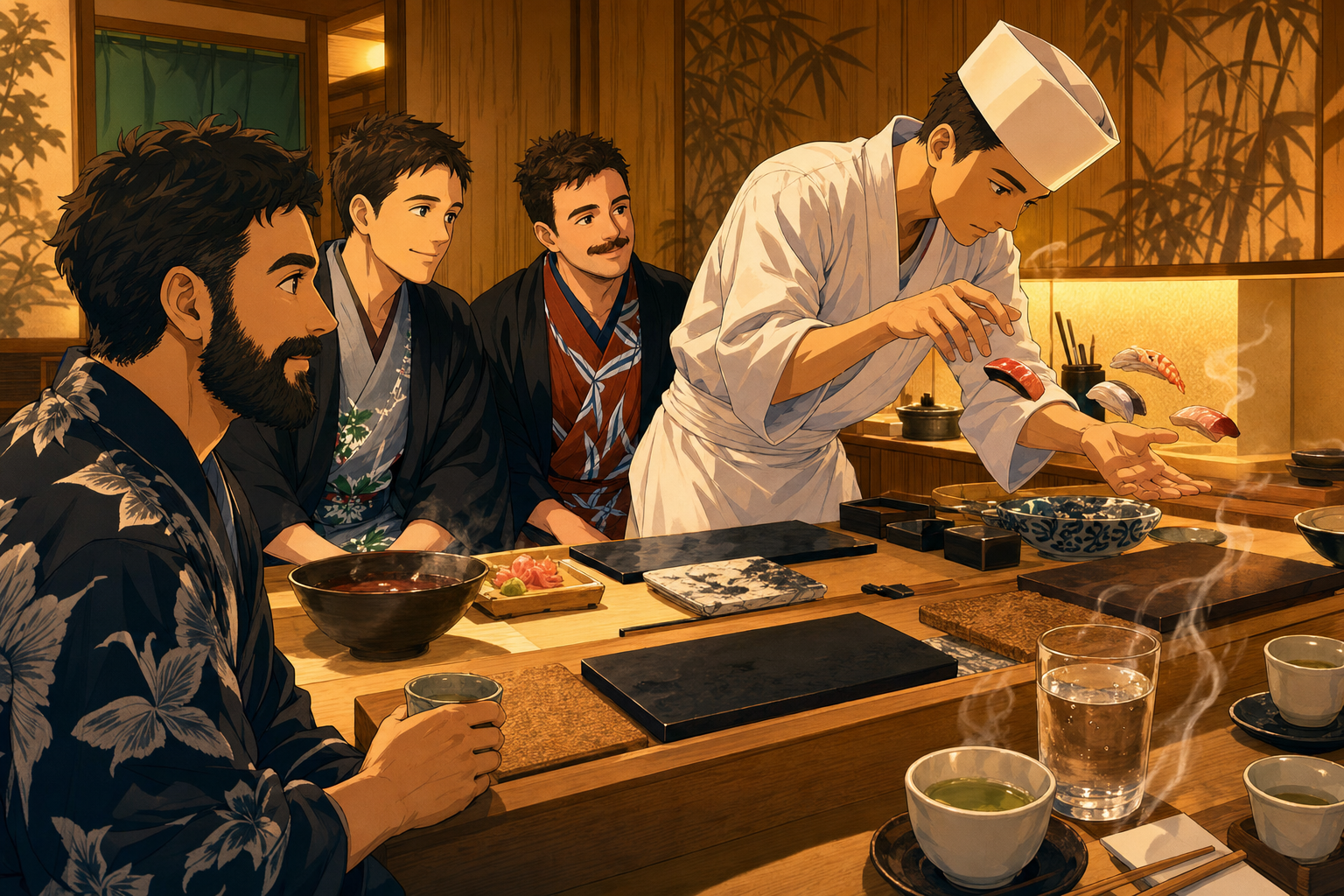 sushi chef's hands move
three men watch the blade descend
their reflections wait