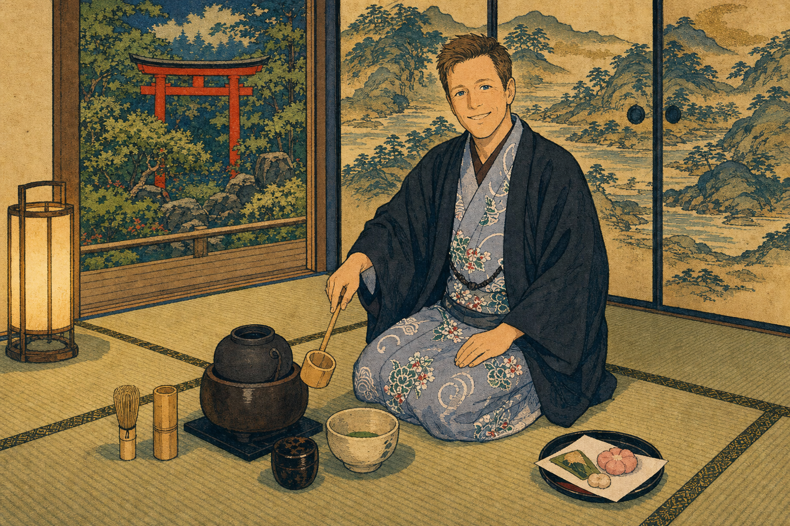 he stirs the green tea
mountains painted on the wall
smile costs nothing here